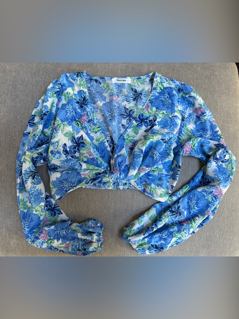 Showpo Blue Floral Long Sleeve Crop Top